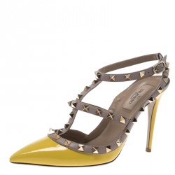 Pre Owned Valentino Yellow and Beige Leather Rockstud Sandals Size 38