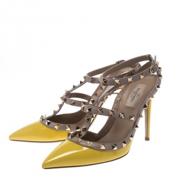 Pre Owned Valentino Yellow and Beige Leather Rockstud Sandals Size 38