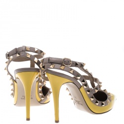 Pre Owned Valentino Yellow and Beige Leather Rockstud Sandals Size 38