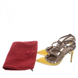 Pre Owned Valentino Yellow and Beige Leather Rockstud Sandals Size 38