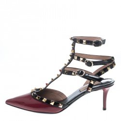 Pre Owned Valentino Red/Black Patent Leather Rolling Rockstud Sandals Size 38