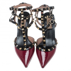 Pre Owned Valentino Red/Black Patent Leather Rolling Rockstud Sandals Size 38