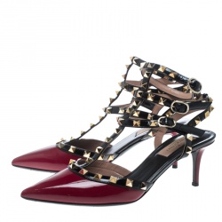 Pre Owned Valentino Red/Black Patent Leather Rolling Rockstud Sandals Size 38