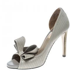 Pre Owned Valentino Light Grey Leather Stitch Detail D'orsay Bow Pumps Size 38