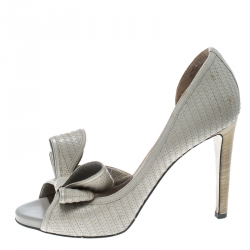 Pre Owned Valentino Light Grey Leather Stitch Detail D'orsay Bow Pumps Size 38