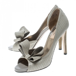 Pre Owned Valentino Light Grey Leather Stitch Detail D'orsay Bow Pumps Size 38