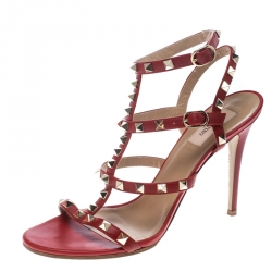 Pre Owned Valentino Red Leather Rockstud Ankle Strap Cage Sandals Size 40