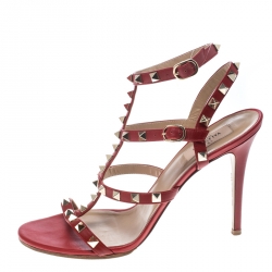 Pre Owned Valentino Red Leather Rockstud Ankle Strap Cage Sandals Size 40