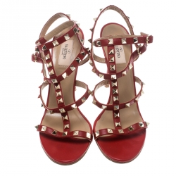 Pre Owned Valentino Red Leather Rockstud Ankle Strap Cage Sandals Size 40