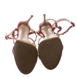 Pre Owned Valentino Red Leather Rockstud Ankle Strap Cage Sandals Size 40