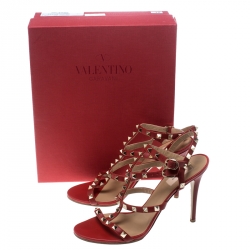 Pre Owned Valentino Red Leather Rockstud Ankle Strap Cage Sandals Size 40