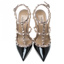 Pre Owned Valentino Beige and Black Patent Leather Rockstud Sandals Size 38