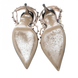 Pre Owned Valentino Beige and Black Patent Leather Rockstud Sandals Size 38