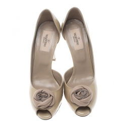 Pre Owned Valentino Beige Patent Leather Rose Brooch Peep Toe Platform D'orsay Pumps Size 36.5