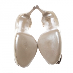 Pre Owned Valentino Beige Patent Leather Rose Brooch Peep Toe Platform D'orsay Pumps Size 36.5