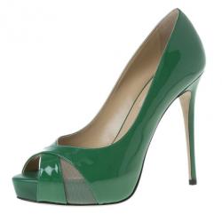 Pre Owned Valentino Green Patent Peep Toe Pumps Size 37