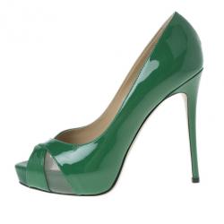 Pre Owned Valentino Green Patent Peep Toe Pumps Size 37
