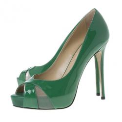 Pre Owned Valentino Green Patent Peep Toe Pumps Size 37