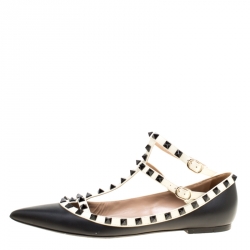 Pre Owned Valentino Black Leather T Strap Rockstud Pointed Toe Ballet Flats Size 40