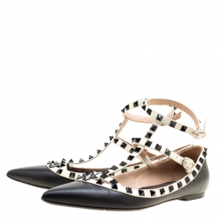 Pre Owned Valentino Black Leather T Strap Rockstud Pointed Toe Ballet Flats Size 40