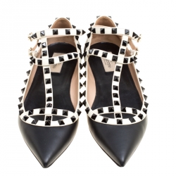 Pre Owned Valentino Black Leather T Strap Rockstud Pointed Toe Ballet Flats Size 40