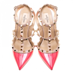 Pre Owned Valentino Coral Pink and Beige Leather Rockstud Sandals Size 38