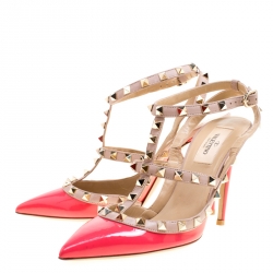 Pre Owned Valentino Coral Pink and Beige Leather Rockstud Sandals Size 38