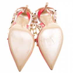 Pre Owned Valentino Coral Pink and Beige Leather Rockstud Sandals Size 38