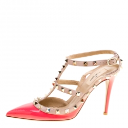 Pre Owned Valentino Coral Pink and Beige Leather Rockstud Sandals Size 38