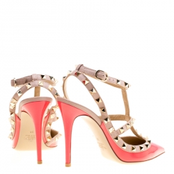 Pre Owned Valentino Coral Pink and Beige Leather Rockstud Sandals Size 38