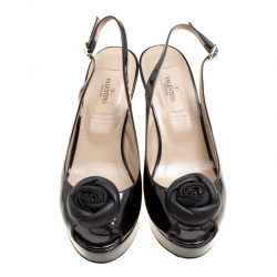 مملوكة مسبقًا Valentino Black Patent Leather Rose Embellished Slingback Wedges Size 36.5