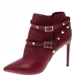 Pre Owned Valentino Red Leather Rockstud Pointed Toe Ankle Boots Size 37.5