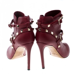 Pre Owned Valentino Red Leather Rockstud Pointed Toe Ankle Boots Size 37.5