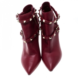 Pre Owned Valentino Red Leather Rockstud Pointed Toe Ankle Boots Size 37.5