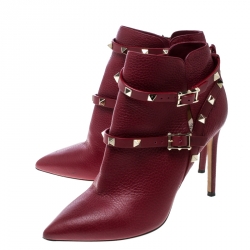 Pre Owned Valentino Red Leather Rockstud Pointed Toe Ankle Boots Size 37.5