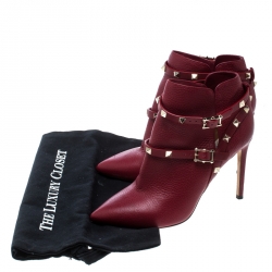 Pre Owned Valentino Red Leather Rockstud Pointed Toe Ankle Boots Size 37.5