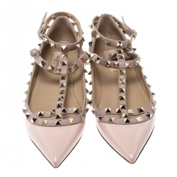 Pre Owned Valentino Blush Pink Patent Leather Rockstud Cage Flats Size 38
