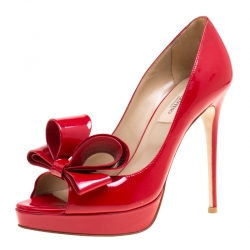 Pre Owned Valentino Red Patent Leather Couture Bow Peep Toe Platform Pumps Size 37