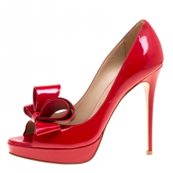 Pre Owned Valentino Red Patent Leather Couture Bow Peep Toe Platform Pumps Size 37