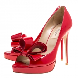 Pre Owned Valentino Red Patent Leather Couture Bow Peep Toe Platform Pumps Size 37