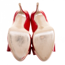 Pre Owned Valentino Red Patent Leather Couture Bow Peep Toe Platform Pumps Size 37