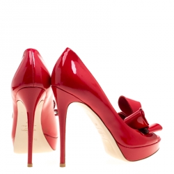 Pre Owned Valentino Red Patent Leather Couture Bow Peep Toe Platform Pumps Size 37