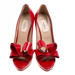 Pre Owned Valentino Red Patent Leather Couture Bow Peep Toe Platform Pumps Size 37