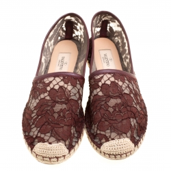 Pre Owned Valentino Burgundy Lace Espadrilles Size 37