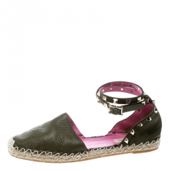 Pre Owned Valentino Olive Green Leather Rockstud Ankle Strap Flat Espadrille Sandals Size 39