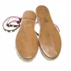 Pre Owned Valentino Olive Green Leather Rockstud Ankle Strap Flat Espadrille Sandals Size 39