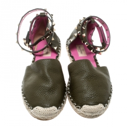 Pre Owned Valentino Olive Green Leather Rockstud Ankle Strap Flat Espadrille Sandals Size 39