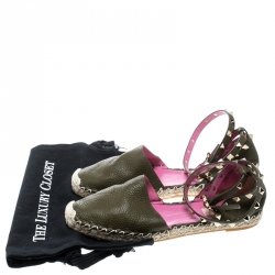 Pre Owned Valentino Olive Green Leather Rockstud Ankle Strap Flat Espadrille Sandals Size 39