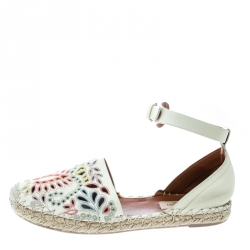 Pre Owned Valentino Cream Embroidered Leather A Jour Ankle Strap Espadrilles Size 37