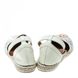 Pre Owned Valentino Cream Embroidered Leather A Jour Ankle Strap Espadrilles Size 37